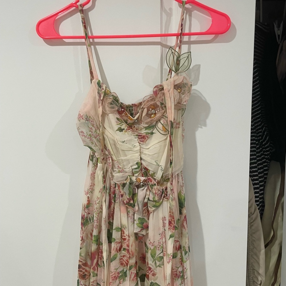 Floral Spaghetti-Strap Maxi Dress in Soft Pink and Cream